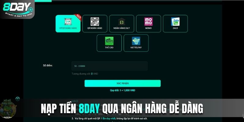 Nạp tiền 8Day qua ngân hàng dễ dàng 